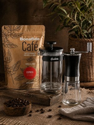 CAFETERA ÉMBOLO + MOLINILLO + 1/4 CAFÉ TOSTADO